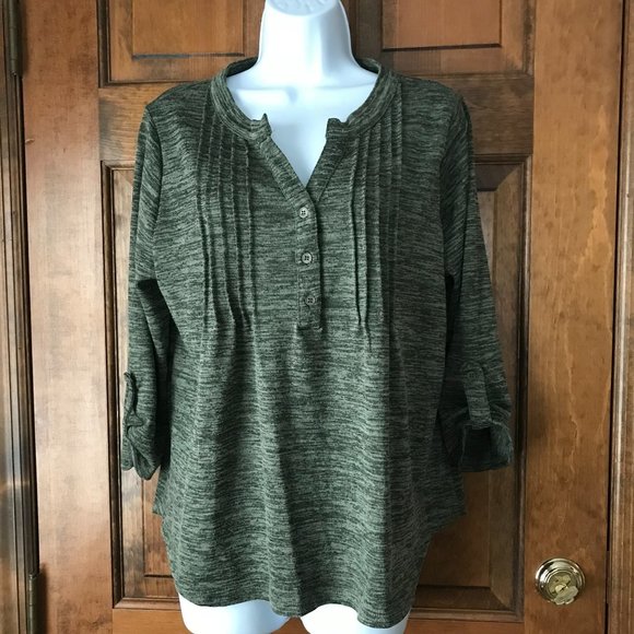 Notations Dark Green Marl V-Neck Henley Pullover w/Tab & Button 3/4 Sleeve PXL - Picture 1 of 11